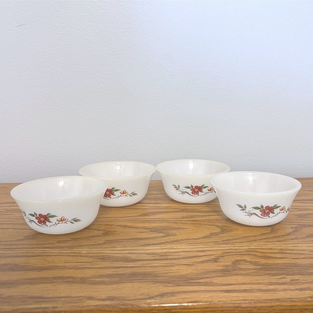 Vintage Glasbake Primrose Milk Glass Custard Bowls Set of 4 White Floral MCM‎